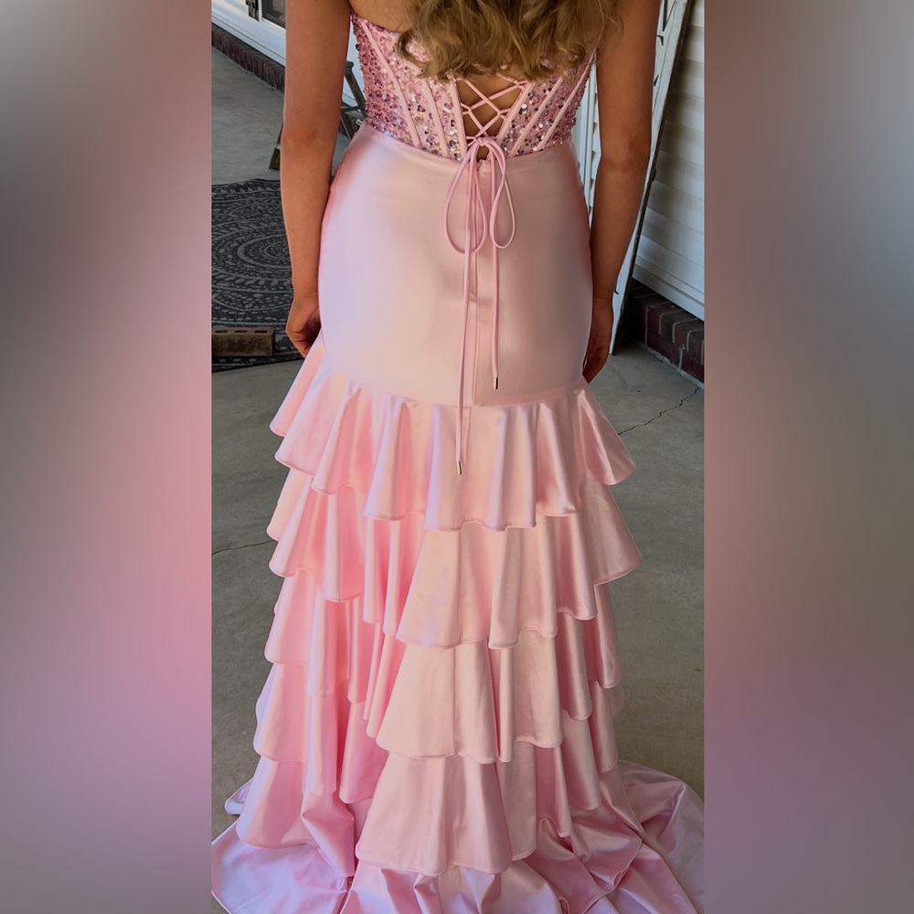 Pink Satin Ruffle Prom Dress - Picture 2 of 3